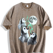 Penguin Howling to Moon 90s Vintage Washed T-Shirt in Brown