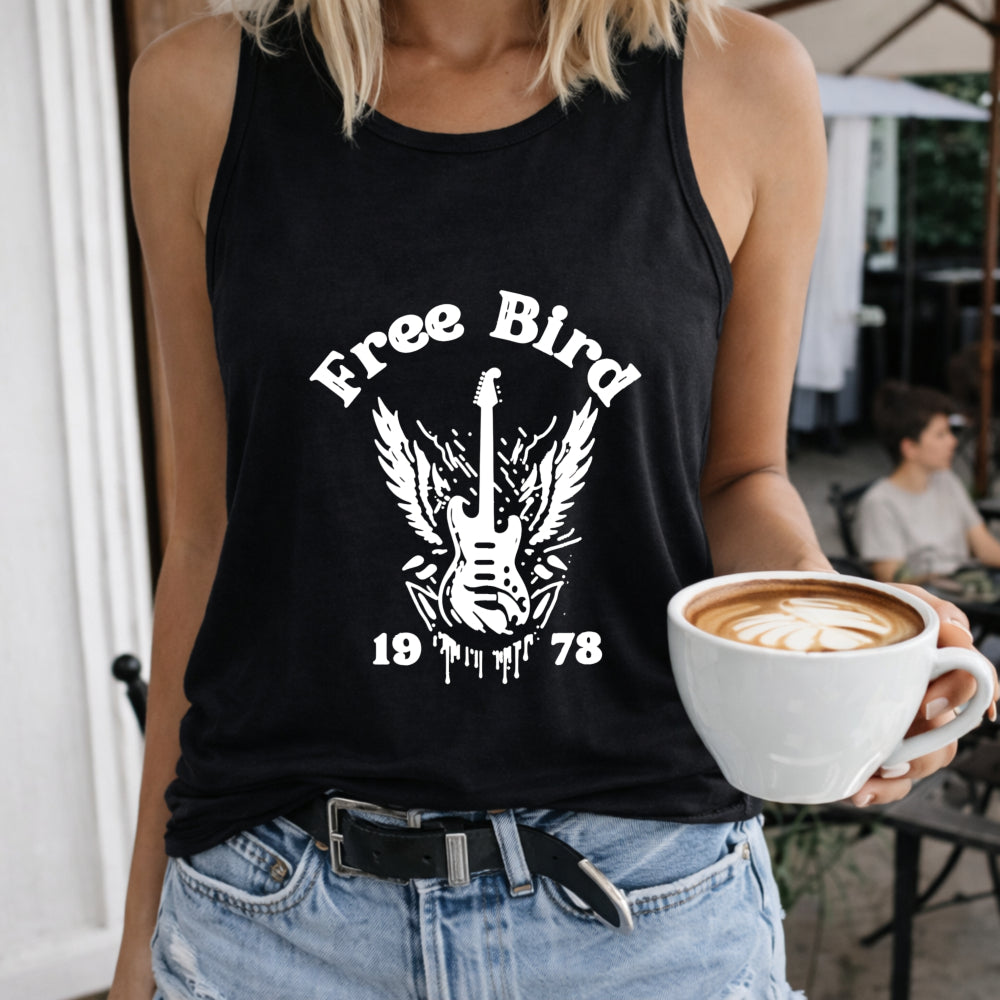 Free Bird Guitar Wings 1978 Crew-neck Sleeveless Vest Women's Color Cotton Tank Top in Black