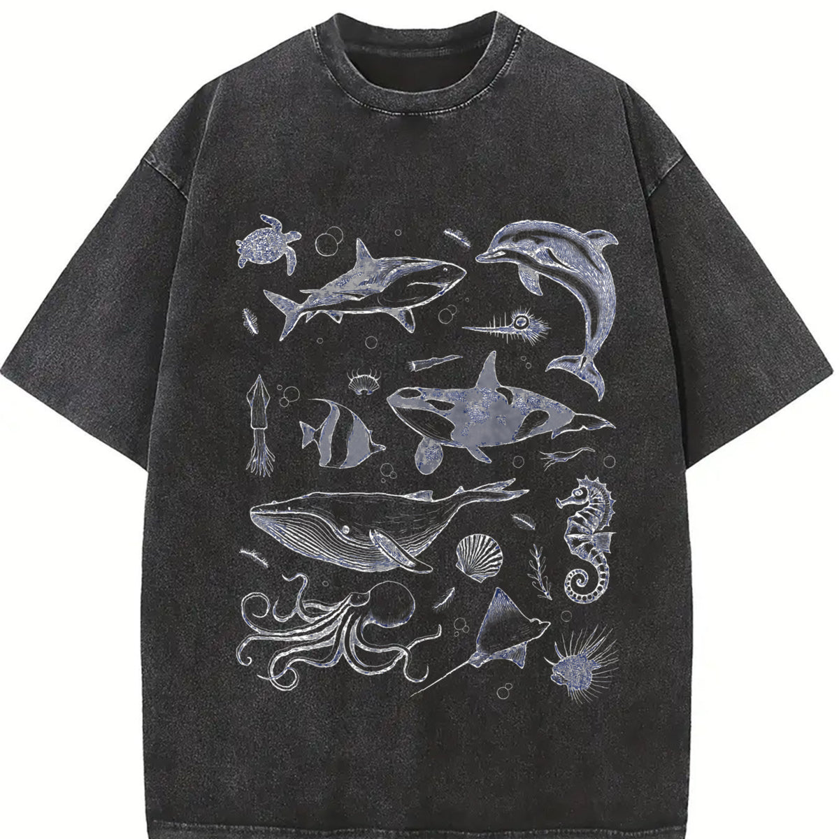 Sea Creatures 90s Tattoo Sea Animal Vintage Washed T-Shirt in Black