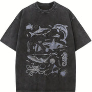 Sea Creatures 90s Tattoo Sea Animal Vintage Washed T-Shirt in Black