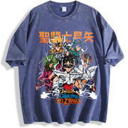 Saint Seiya short-sleeved classic nostalgic Japanese vintage washed oversized T-shirt in Blue