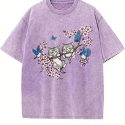 Kitten Cute Cats & Bluebirds Floral Vintage Washed T-Shirt in Purple