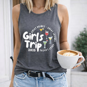Girls Trip 2025 Great Drinks Great Friends Great Laughs Women's Color Cotton Tank Top in Gray