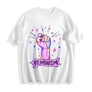 Luokeren Feminist Retro with Empowerment Fist & Stars Cotton T-Shirt in White