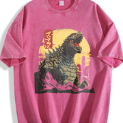 Godzillaed Japanese Monster Wave Classic O Neck Hip Hop vintage washed oversized T-shirt in Red