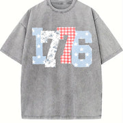 1776 Plaid Floral Star Number Vintage Washed T-Shirt in Gray