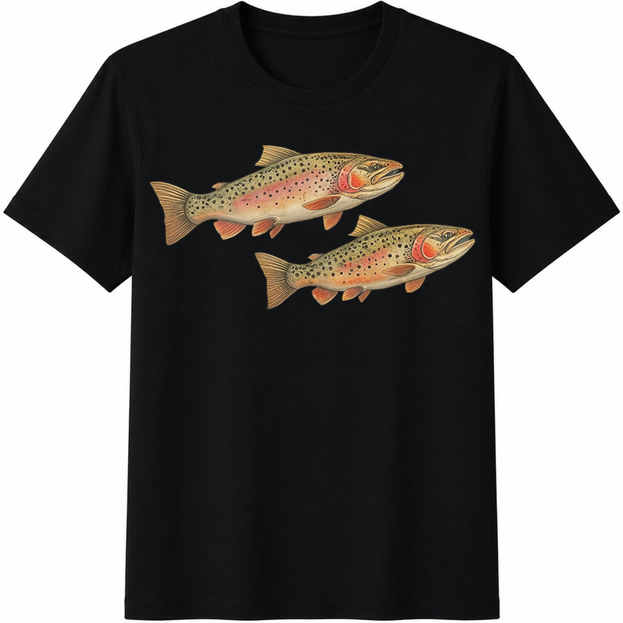Trout 90s Fishing Mountain River Landscape Cotton T-Shirt in Black
