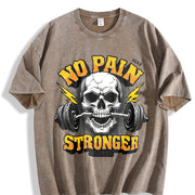 No Pain Stronger Skull Vintage Washed T-Shirt in Brown