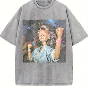 Angry Glam Doll Raising a Fist Vintage Washed T-Shirt in Gray