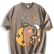 Capybara Bubble Tea Vintage Washed T-Shirt in Brown