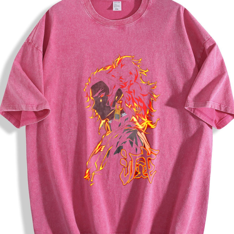 Yoriichi Tsugikuni Demon Slayer – Sun Breathing Flame vintage washed oversized T-shirt in Red