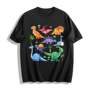 Autumn Dinosaur World Cartoon Short-sleeved Cotton T-Shirt in Black