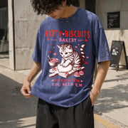 Valentines Cat Kitty Biscuits Bakery Vday Cat Lover Vintage Washed T-Shirt in Blue