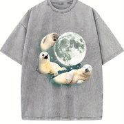 Three Baby Seal Retro Sea Dog Moon Vintage Washed T-Shirt in Gray