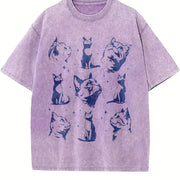 Retro Cats Tattoo 90s Vintage Washed T-Shirt in Purple