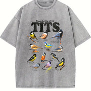 Tit Birds 90s Retro Y2K Birdwatching Vintage Washed T-Shirt in Gray