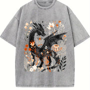 Fantasy Black Dragon Gentle Floral Vintage Washed T-Shirt in Gray