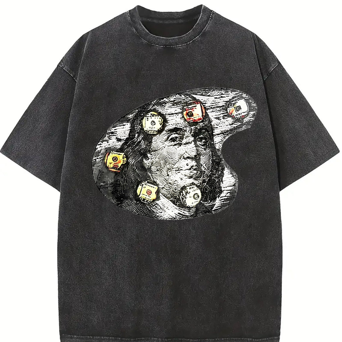 Benjamin Franklin Money High Neck Vintage Washed T-Shirt in Black