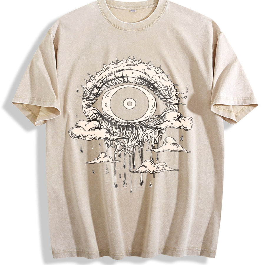 Gothic Evil Eye Dripping Cloud Sleeveless Tank Vintage Washed T-Shirt in Beige