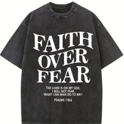 Retro 230 Pure 'FAITH OVER FEAR' Letter Fashionable vintage washed oversized T-shirt in Black