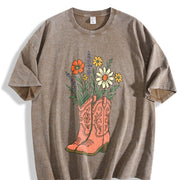 Cowgirl Boots Wildflowers Retro Western Country Girl vintage washed oversized T-shirt in Brown