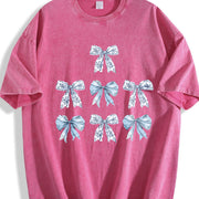 Toile Bow Blue Coquette Cute Ribbon Girly Girl Vintage Washed T-Shirt in Red