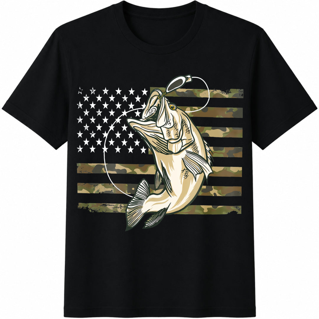American Flag Bass Fishing Cotton T-Shirt in Black