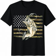American Flag Bass Fishing Cotton T-Shirt in Black