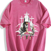 Religious Prayer Cross Black Grunge Vintage Washed T-Shirt in Red