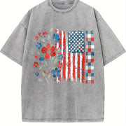 Floral American Flag Vintage Washed T-Shirt in Gray