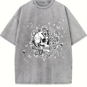 Floral Skull Vintage Washed T-Shirt in Gray