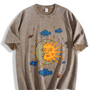 Retro Sun Moon Celestial Vintage Washed T-Shirt in Brown