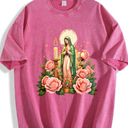 Mexican-inspired Our of Guadalupe & Pink Roses Vintage Washed T-Shirt in Red