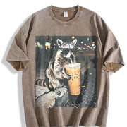 Raccoon Drinking Iced Coffee Animal Meme vintage washed oversized T-shirt in Brown