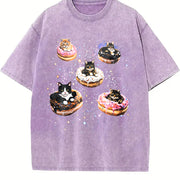 Cat Donut 90s Retro Cats in Space Vintage Washed T-Shirt in Purple