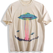 Retro Alien Abduction Vintage Washed T-Shirt in Beige