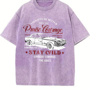 Retro Race Car Praise Courage Stay Wild Racing Letter Vintage Washed T-Shirt in Purple