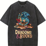 Blue Dragon Buried in Books Letter Vintage Washed T-Shirt in Black