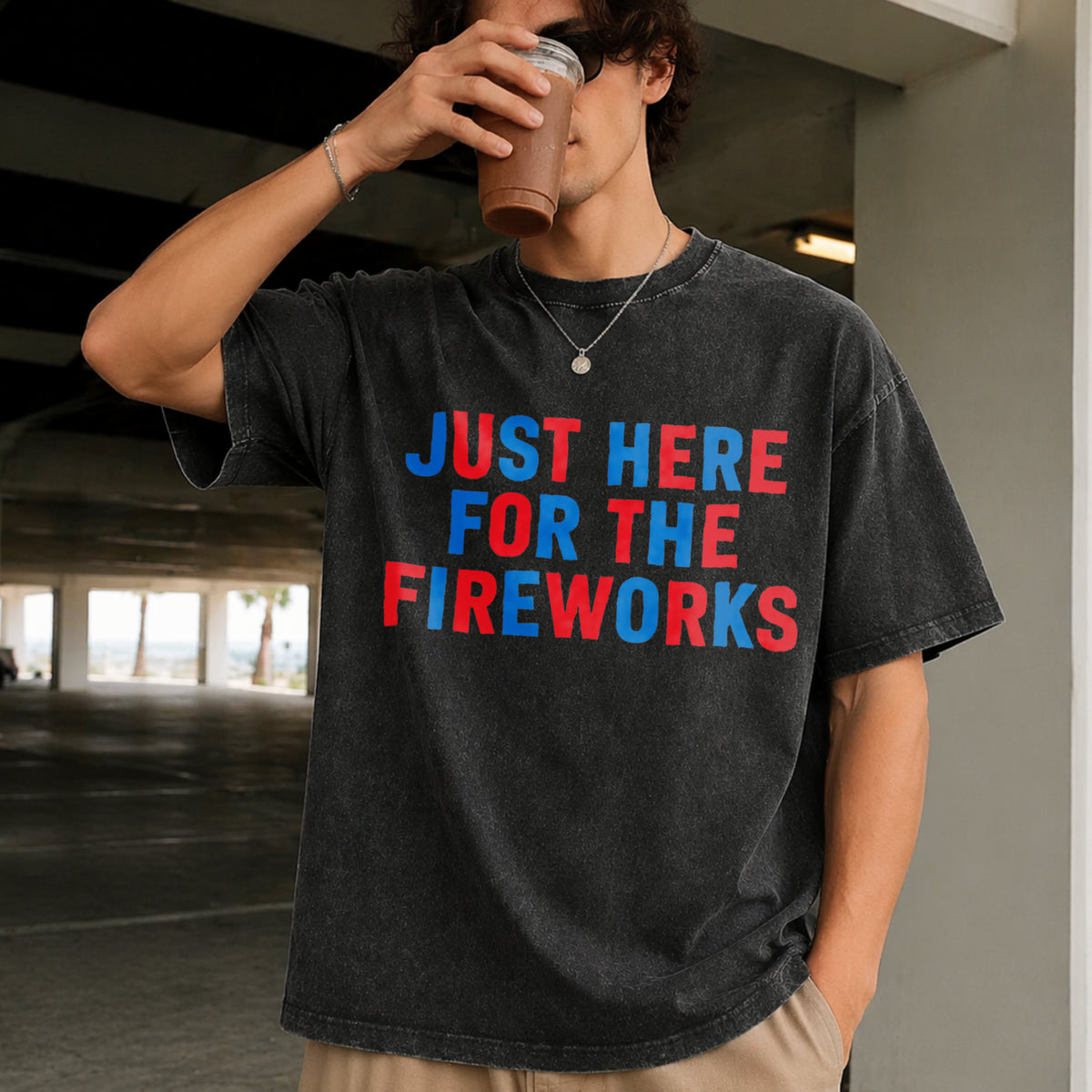 Just Here for the Fireworks Vintage Washed T-Shirt in Black
