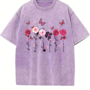 Round-neck Short-sleeve with Pink Floral and Letter Vintage Washed T-Shirt in Purple