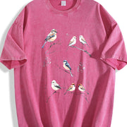 Winter Birds Retro 90s Tattoo Vintage Washed T-Shirt in Red