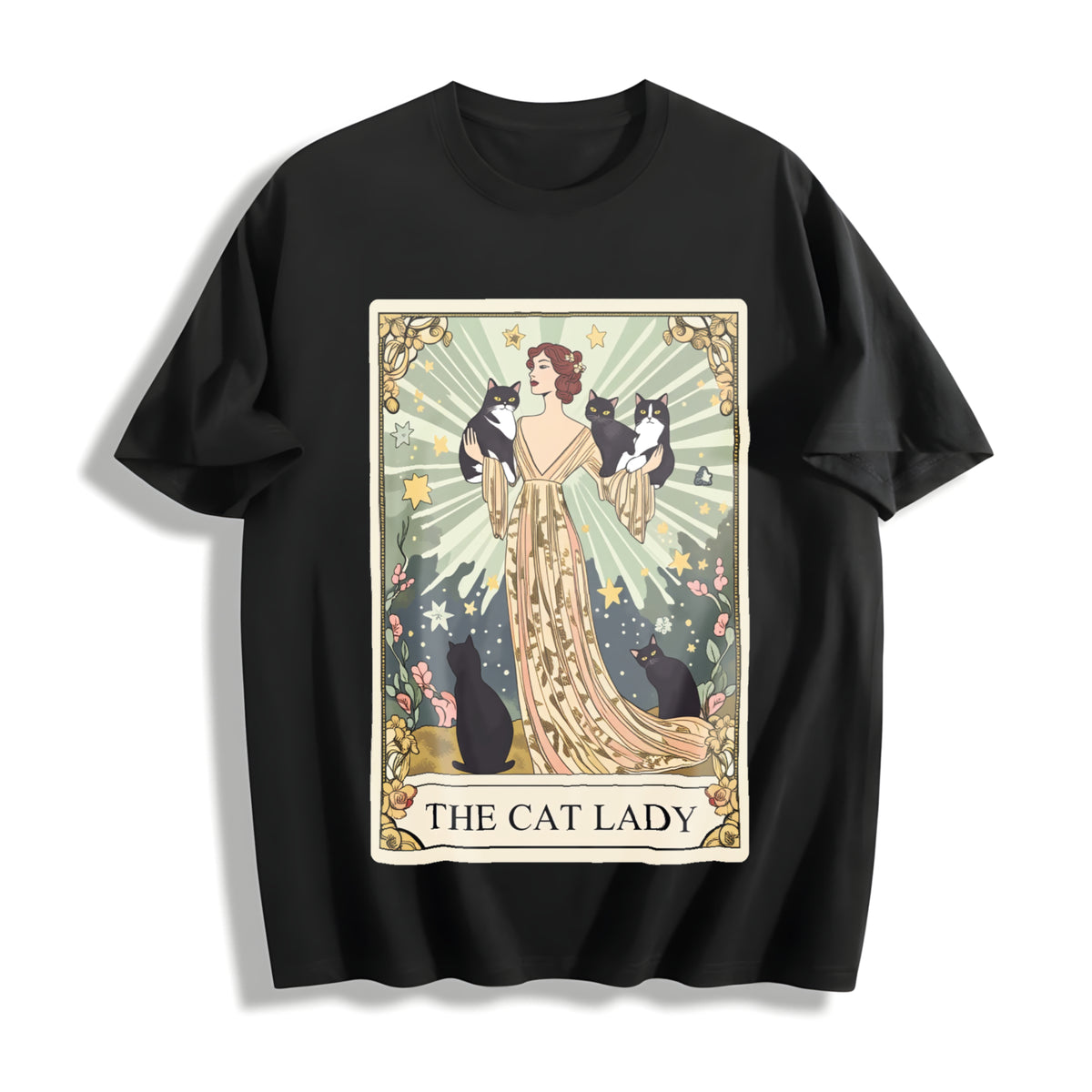 Cat Tarot Card Cat Lover Cotton T-Shirt in Black