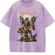230GSM Batik - Double-Sided Christian Faith with Michael vintage washed oversized T-shirt in Purple