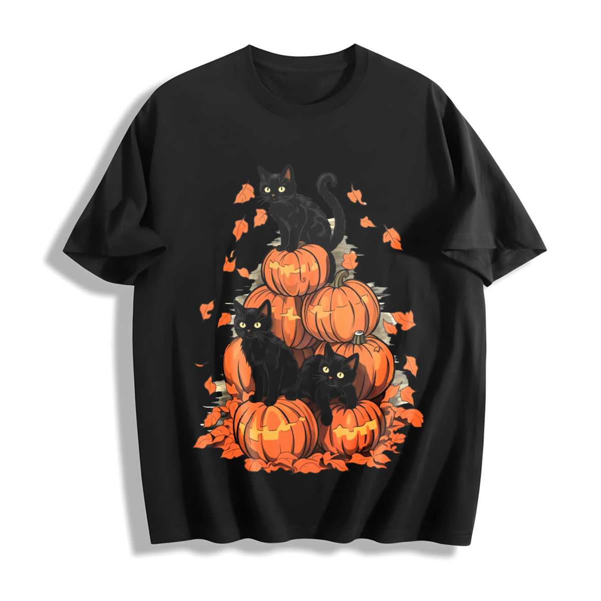 Halloween Holiday Costume Pumpkin Tower with Cat One-piece Cotton T-Shirt in Black