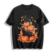 Halloween Holiday Costume Pumpkin Tower with Cat One-piece Cotton T-Shirt in Black