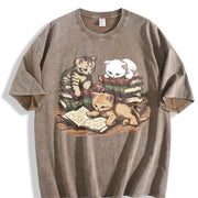 Kittens Reading Books Vintage Washed T-Shirt in Brown