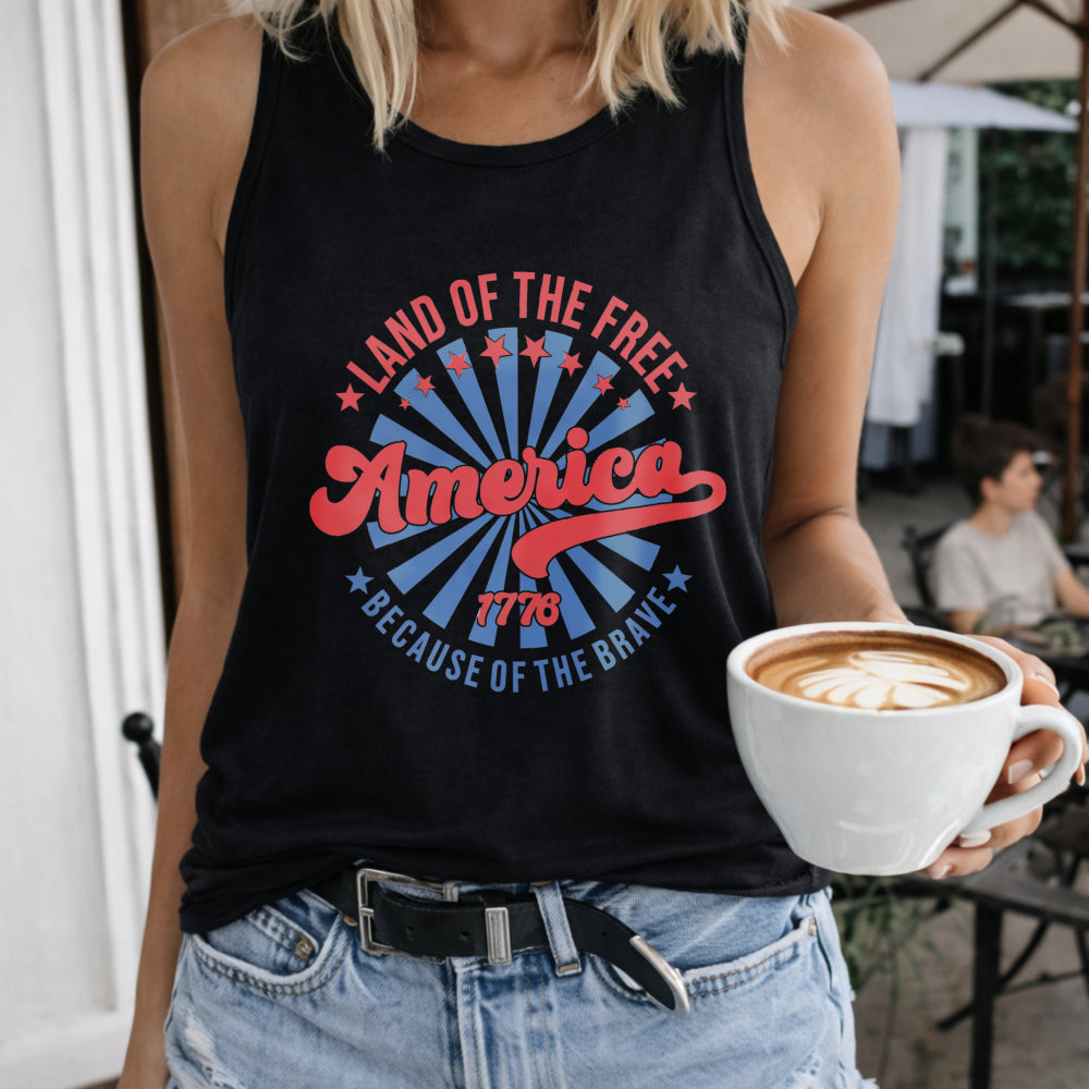 July 4th Land of the Free Women's Color Cotton Tank Top in Black