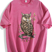 Animal Cartoon Owl 1pc Vintage Washed T-Shirt in Red