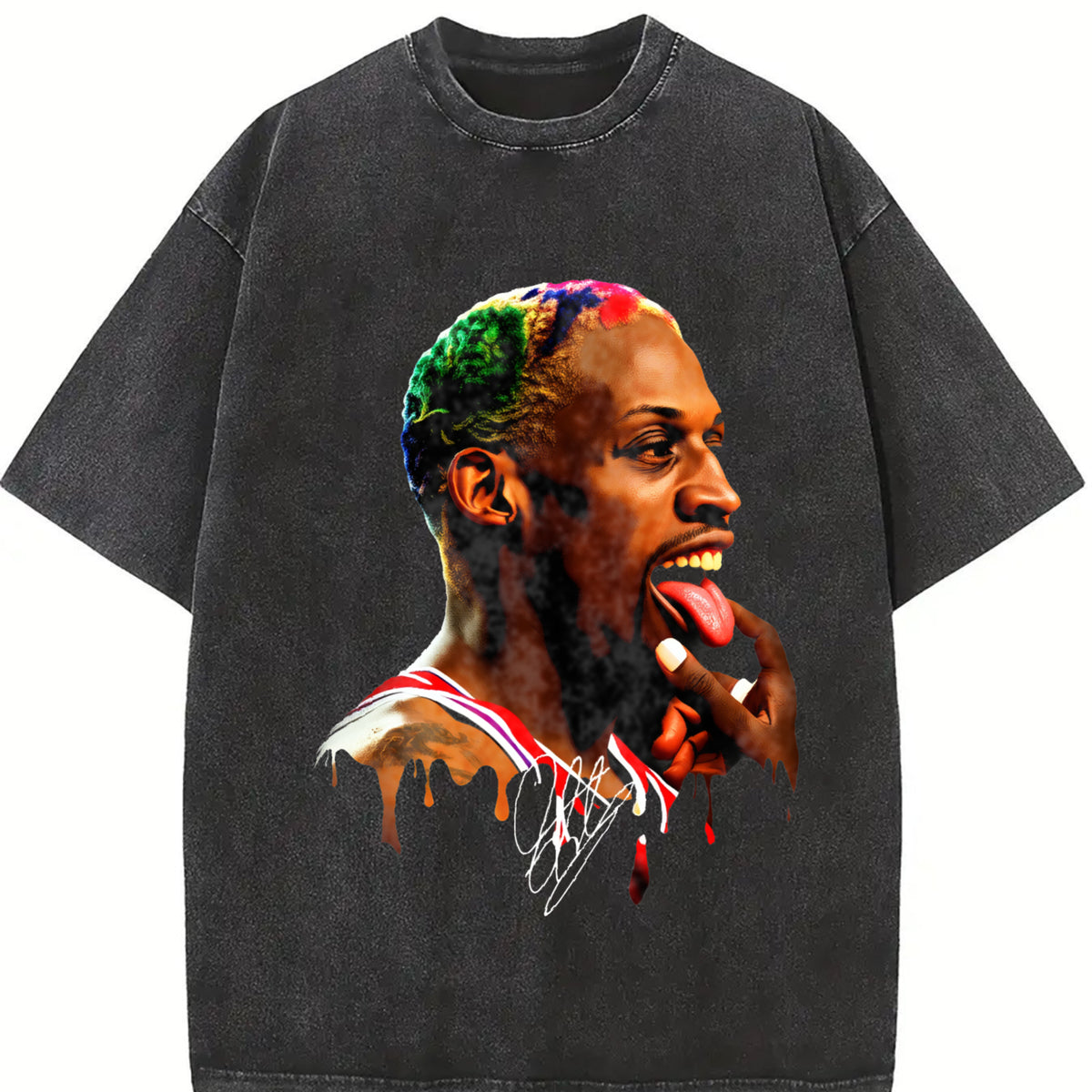 Dennis Tongue Out Hollywood 90's Basketball vintage washed oversized T-shirt in Black