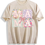 Coquette Bow Mama Floral Mom Vintage Washed T-Shirt in Beige